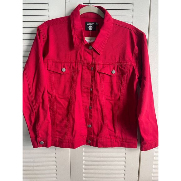Boohoo BLIJE Women’s Red Denim Jacket Size 4 NWT Button Front Classic Jean Style - Picture 1 of 6